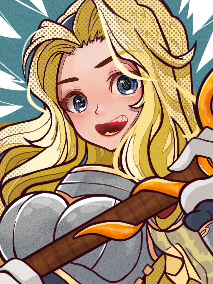 1girl :d absurdres blonde_hair blue_eyes chest_armor demacia_(league_of_legends) gloves highres holding holding_wand kawaguti_kappa league_of_legends looking_at_viewer lux_(league_of_legends) parted_bangs smile solo teeth upper_body wand white_gloves