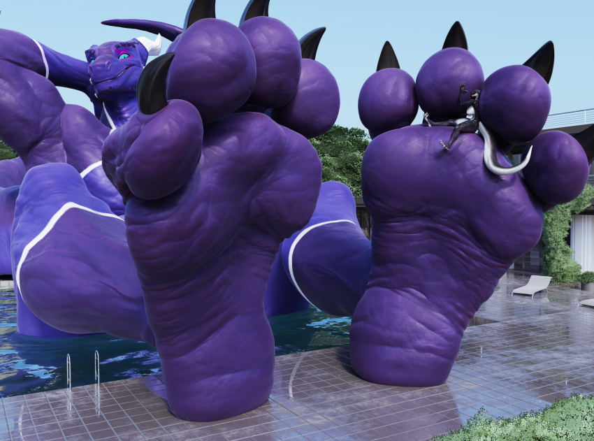4_toes allandox anthro biped black_and_white_body black_toe_claws blue_body blue_feet blue_soles claws dinosaur dragon duo extreme_size_difference feet female foot_fetish foot_focus hand_on_feet hi_res horn larger_anthro larger_anthro_smaller_anthro larger_male larger_male_smaller_female macro male reptile scalie size_difference smaller_anthro smaller_female smile swimming_pool toe_claws toes tyrianna wao_(e-zoid) wrinkled_feet