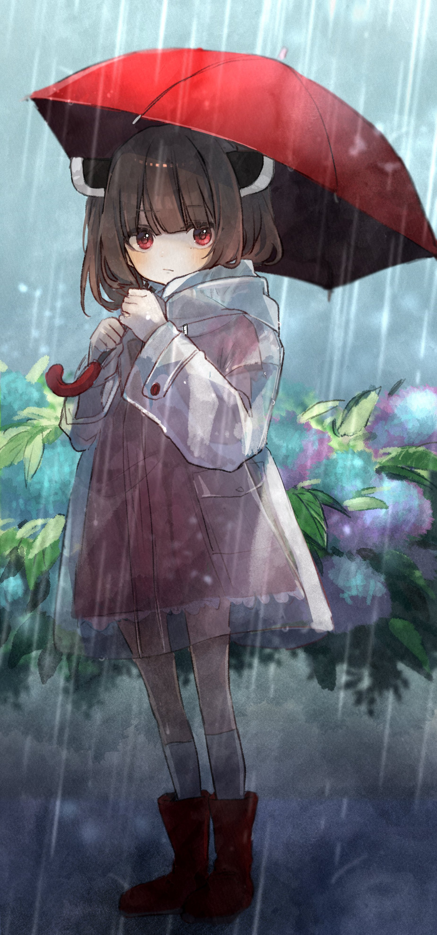 1girl absurdres blade blunt_bangs blush brown_hair closed_mouth commentary_request dress enpera flower full_body hands_up headgear highres holding holding_umbrella hood hood_down hooded_coat hydrangea kneehighs lace-trimmed_dress lace_trim long_sleeves looking_at_viewer medium_hair outdoors pink_dress rain red_eyes sayonaka_megumo short_dress socks solo touhoku_kiritan transparent_raincoat twintails two-handed umbrella voiceroid white_socks