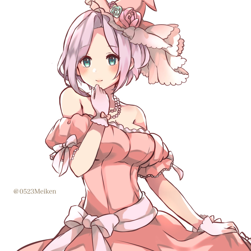 1girl bare_shoulders bead_necklace beads blue_eyes blush closed_mouth clothes_pull dragalia_lost dress dress_pull gloves hat highres jewelry looking_at_viewer necklace official_alternate_costume pink_dress pink_headwear po_pooch short_hair smile solo strapless strapless_dress twitter_username wedding_dress white_background white_gloves white_hair xania
