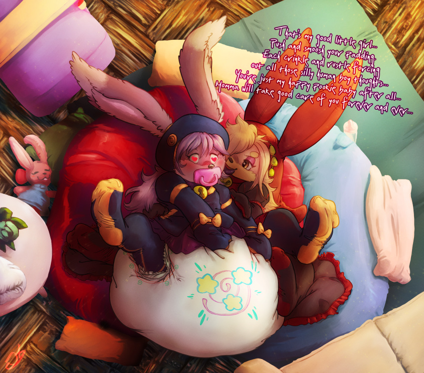 absurd_res after_transformation bell bell_collar clothed clothing collar diaper dress duo female feminization furniture handwear hi_res hypnosis infantilism legwear male male/female mind_control mittens nylon nylon_stockings odin_sphere pacifier pillow plushie pooka pooka_(odin_sphere) sharon_(stormdragonblue) sofa stockings stormdragonblue table text wearing_diaper