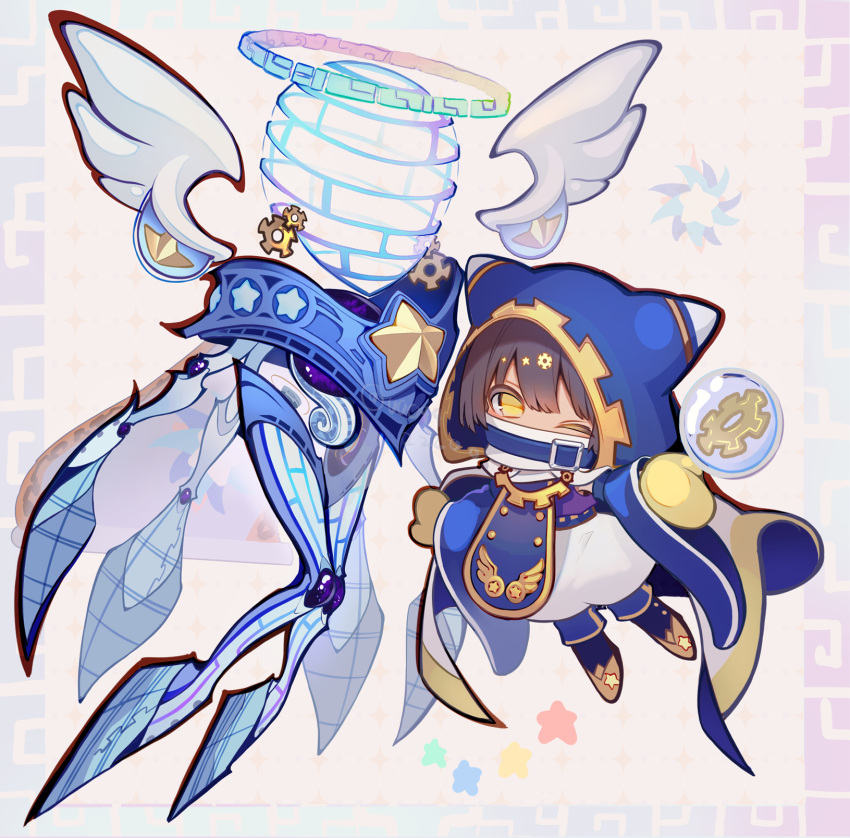 1boy blue_cape blue_footwear boots brown_hair bubble cape gears gloves highres kirby_(series) looking_at_viewer lor_starcutter magolor mi_(mm) one_eye_closed personification simple_background solo star_(symbol) white_background white_tunic white_wings wings yellow_eyes yellow_gloves