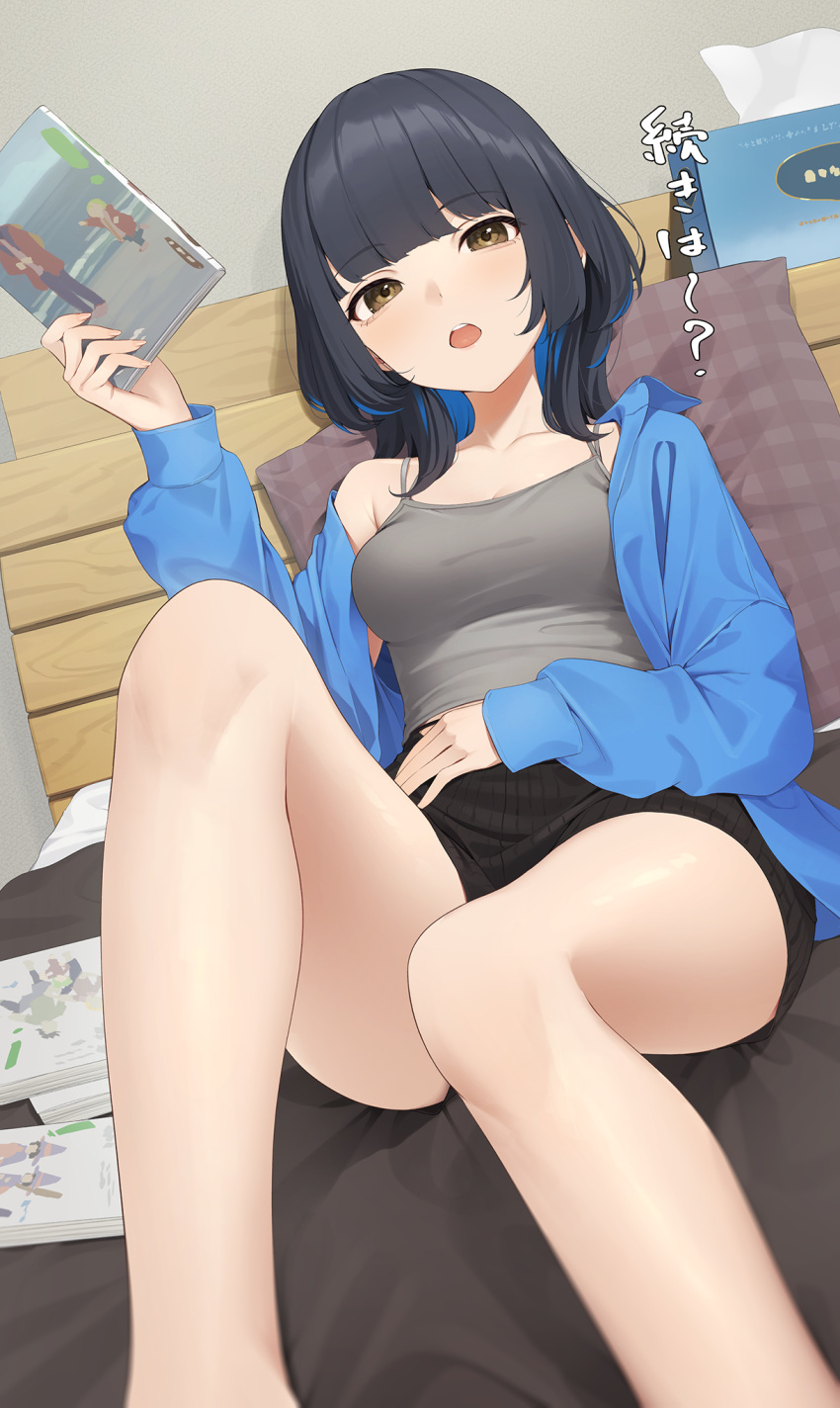 1girl ass black_hair black_shorts blue_hair blue_jacket blurry book brown_eyes camisole collarbone depth_of_field feet_out_of_frame fingernails grey_camisole highres holding holding_book jacket kanpa_(campagne_9) looking_at_viewer open_clothes open_jacket open_mouth original short_hair shorts solo tissue tissue_box translation_request