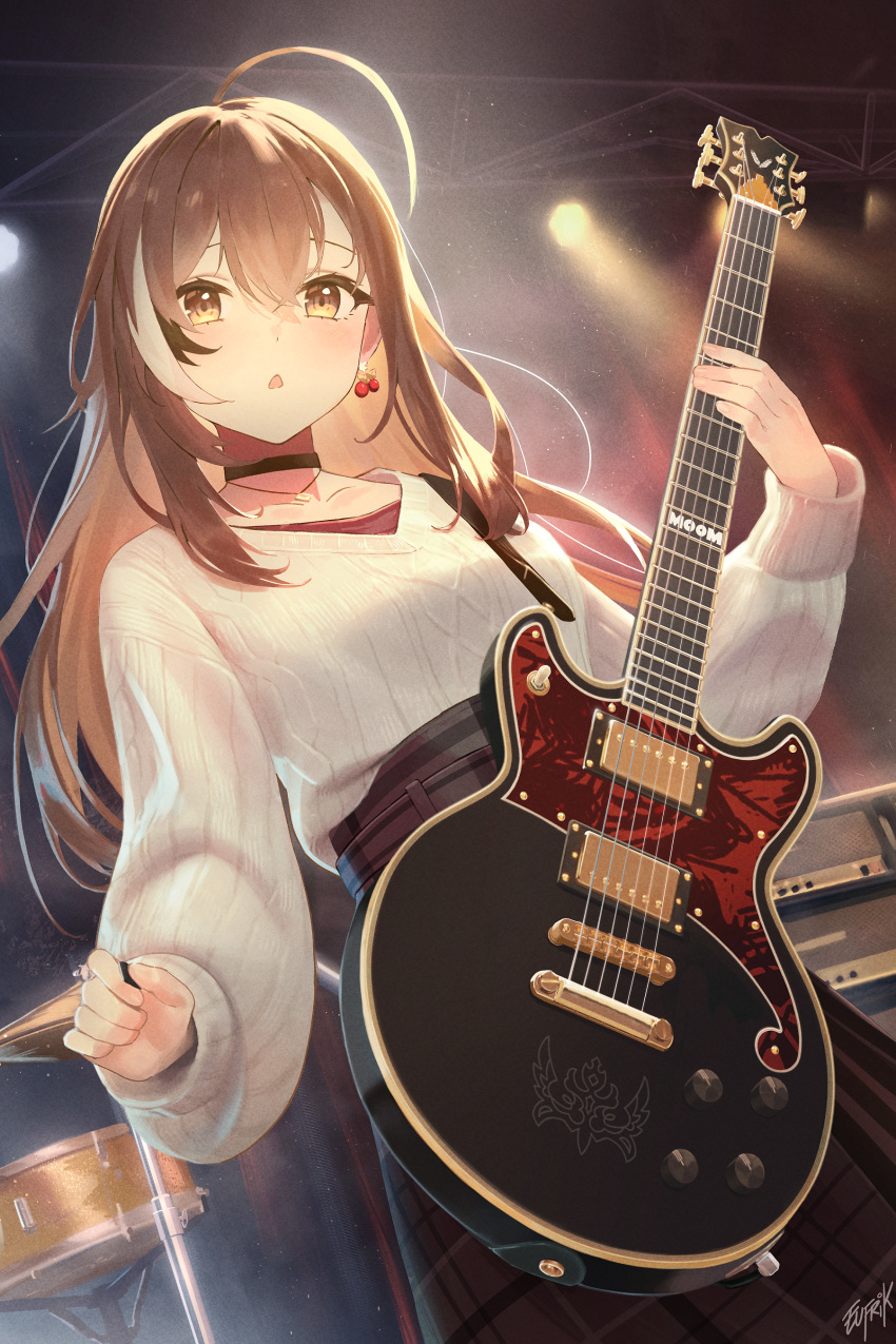 1girl absurdres ahoge belt berry black_choker brown_eyes brown_hair brown_skirt character_name choker crossed_bangs cymbals drum drum_set earrings electric_guitar english_commentary eufrik fingernails food-themed_earrings gibson_les_paul guitar highres holding holding_instrument holding_plectrum hololive hololive_english instrument jewelry long_hair long_skirt looking_at_viewer multicolored_hair music nanashi_mumei nanashi_mumei_(3rd_costume) necklace official_alternate_costume open_mouth plaid plaid_skirt playing_instrument pleated_skirt plectrum red_shirt runes shirt skirt sleeves_past_wrists solo speaker stage stage_lights streaked_hair sweater triangle_mouth very_long_hair virtual_youtuber white_sweater