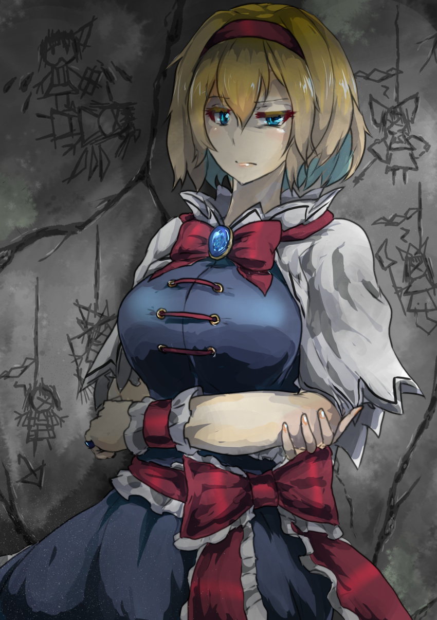 1girl absurdres alice_margatroid ascot blonde_hair blue_dress blue_eyes blue_gemstone bow bowtie capelet check_commentary chest_jewel commentary commentary_request cracked_wall crossed_arms dress frilled_ascot frilled_dress frilled_ribbon frills frown gem hairband highres horror_(theme) indatsukasa jewelry lolita_hairband raised_eyebrow red_bow red_bowtie red_hairband red_ribbon ribbon ring scribble short_hair stone_wall touhou touhou_cannonball unamused wall white_capelet