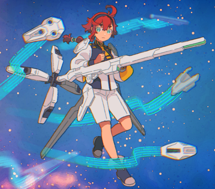 1girl aqua_eyes asticassia_school_uniform beam_cannon bit_(gundam) black_hairband commentary dou_(mame_eee) energy_cannon exhaust full_body gundam gundam_calibarn gundam_suisei_no_majo hairband highres holding holding_cannon holding_weapon long_hair looking_at_viewer low-tied_long_hair low_ponytail red_hair school_uniform solo suletta_mercury thrusters weapon