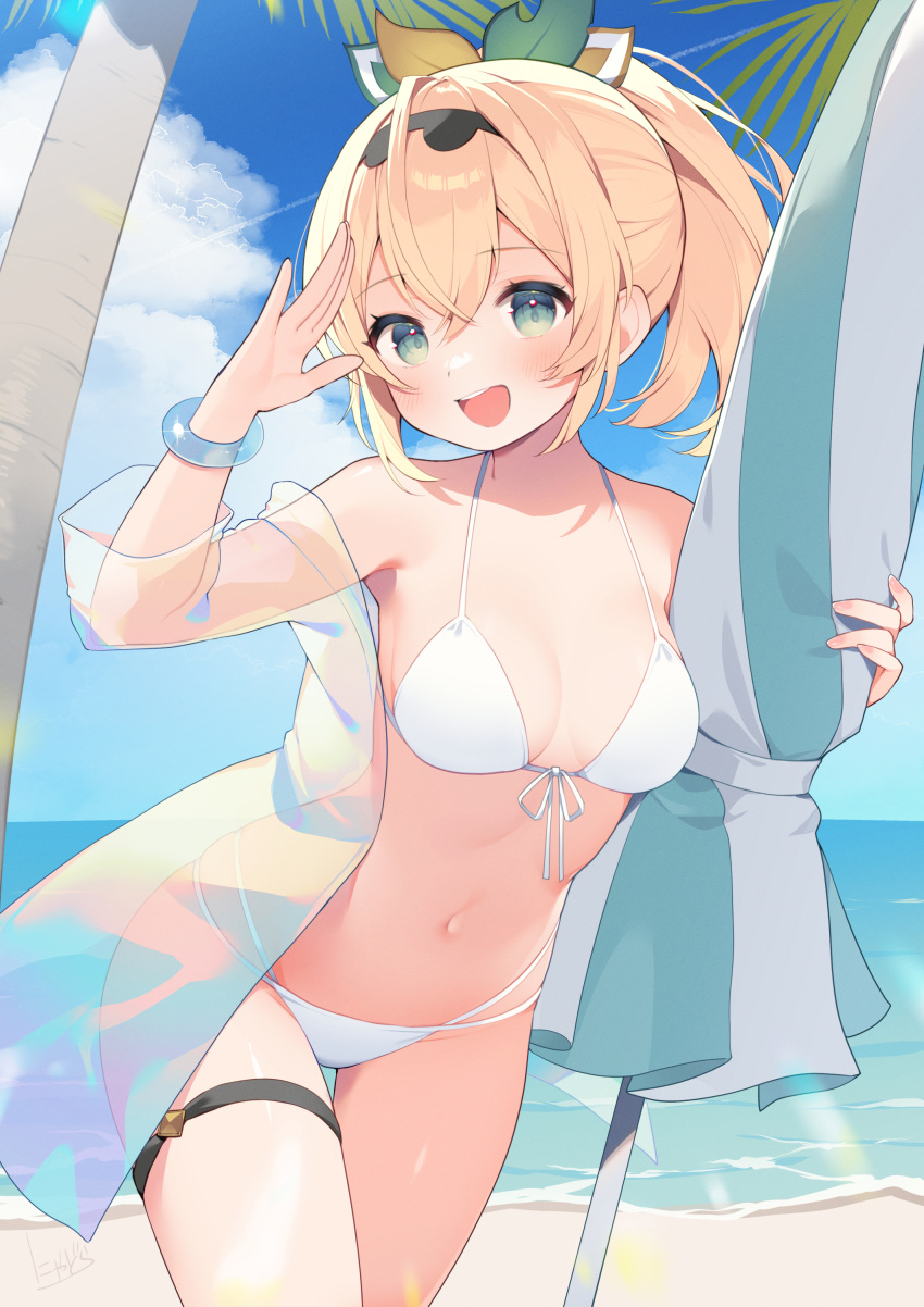 1girl absurdres bare_shoulders bikini blonde_hair blue_eyes blush breasts cleavage front-tie_bikini_top front-tie_top hair_between_eyes hair_ornament hairband highres hololive jacket kazama_iroha long_hair looking_at_viewer medium_breasts navel nyasunyadoora off_shoulder open_clothes open_jacket open_mouth outdoors ponytail see-through see-through_jacket short_ponytail smile solo swimsuit thigh_strap virtual_youtuber white_bikini