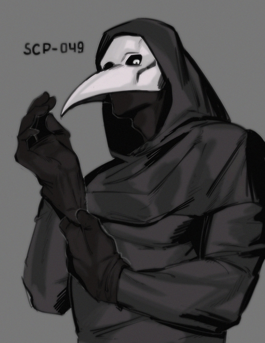 2023 absurd_res animal_mask beak_mask clothed clothing euclid gloves handwear hi_res hood humanoid kogito looking_at_viewer looking_down_at_viewer male mask not_furry plague_doctor scp-049 scp_foundation solo text white_eyes