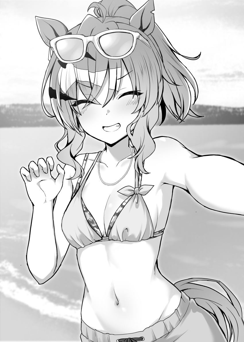 1girl absurdres ahoge animal_ears bare_shoulders beach bikini breasts cleavage closed_eyes collarbone eyewear_on_head facing_viewer greyscale grin groin highres horizon horse_ears horse_girl horse_tail jewelry jungle_pocket_(tobasuze_hot_summer!)_(umamusume) jungle_pocket_(umamusume) layered_bikini medium_hair midriff monochrome navel necklace notched_ear ocean official_alternate_costume official_alternate_hairstyle ponytail ryochapu sidelocks smile solo summer's_sunlight_fades_to_blue_(umamusume) sunglasses swimsuit tail umamusume upper_body wavy_hair