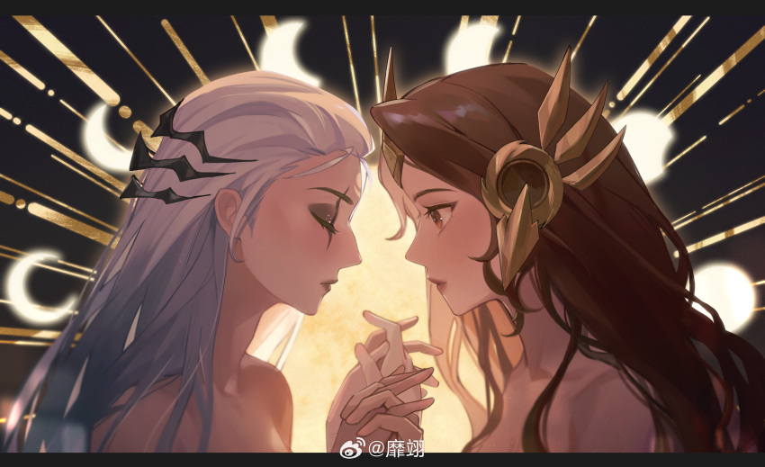 2girls absurdres artist_name black_eyeshadow brown_eyes brown_hair closed_eyes collarbone diana_(league_of_legends) eyeshadow hair_slicked_back highres holding_hands interlocked_fingers league_of_legends leona_(league_of_legends) long_hair looking_at_another makeup multiple_girls nude upper_body weibo_miyi white_hair yuri