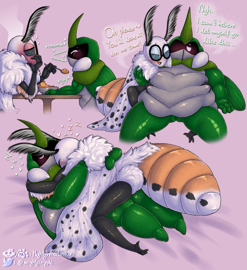 absurd_res antennae_(anatomy) anthro anus arthropod arthropod_abdomen arthropod_abdomen_anus beetle belly belly_rolls belly_squish big_belly blush blushing_profusely bug_fables cuddling dialogue duo eating embrace eyewear feeder feederism feeding female female_on_top fluffy fluffy_antennae fluffy_body glasses glasses_off hi_res hug insect kabbu_(bug_fables) lepidopteran male male/female male_feedee mightywheelchair minty_(mightywheelchair) moonsprout_games moth multiple_images neck_tuft on_top overweight overweight_male skinny_female sleeping sleeping_together speech_bubble spoon_feeding spots spotted_abdomen spotted_wings squish steaming thin_thighs tuft weight_gain