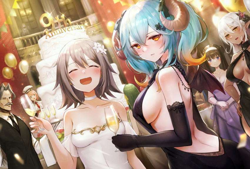 1boy 6+girls :d =_= aigis_(sennen_sensou_aigis) alcohol anniversary aqua_hair augusta_(sennen_sensou_aigis) backless_dress backless_outfit balcony balloon banner bare_shoulders black_dress black_gloves black_necktie black_ribbon black_wings blush breasts breasts_apart brown_hair bunting butler cake center_opening champagne champagne_flute character_request choker cleavage collarbone commentary cup curled_horns dark-skinned_female dark_elf dark_skin demon_girl demon_horns double_bun dress drink drinking_glass elbow_gloves elf facial_hair flipped_hair flower food glint gloves gradient_hair green_hair grey_hair hair_between_eyes hair_bun hair_flower hair_ornament hair_ribbon hairband halter_dress halterneck hand_on_own_hip hat highres holding holding_cup holding_drink holding_tray horns indoors kai_(ootamuno12) lace-trimmed_gloves lace_trim lapis_(sennen_sensou_aigis) layer_cake long_hair looking_at_viewer looking_back medium_breasts mini_wings multicolored_hair multiple_girls mustache necktie orange_hair own_hands_together party pointy_ears purple_dress ribbon rinne_(sennen_sensou_aigis) sennen_sensou_aigis shirt sideboob smile strapless strapless_dress tray twintails umbre_(sennen_sensou_aigis) viktor_(sennen_sensou_aigis) white_choker white_dress white_hair white_hairband white_shirt window wings