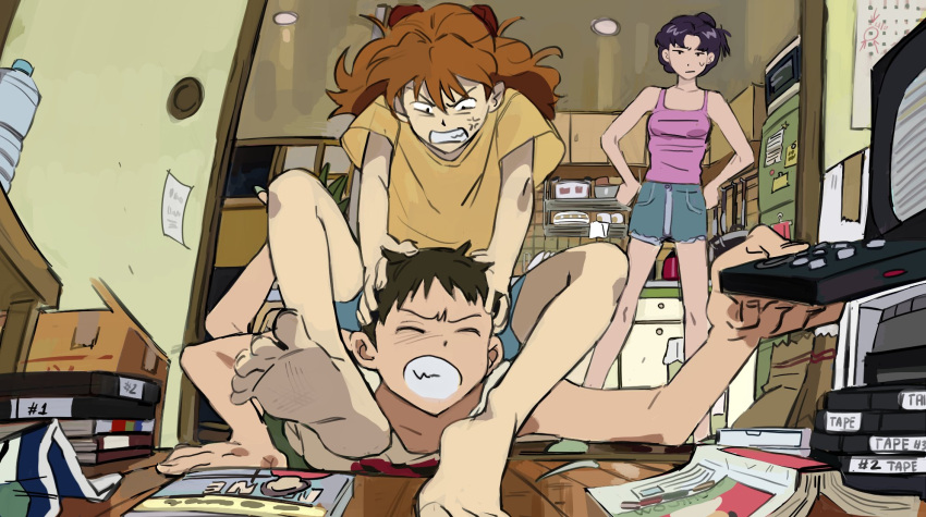 1boy 2girls anger_vein angry bag barefoot blue_pants book box brown_hair calendar_(object) casual controller counter cupboard denim denim_shorts fighting hands_on_own_hips highres ikari_shinji indoors katsuragi_misato kitchen living_room looking_at_another microwave multiple_girls neon_genesis_evangelion night note pants paper_bag pink_shirt plastic_bottle purple_hair red_hair refrigerator remote_control saplemu shirt short_sleeves shorts shouji sitting sitting_on_person sleeveless sliding_doors slippers souryuu_asuka_langley sweatdrop television trash_can utensil_rack videocassette yellow_shirt