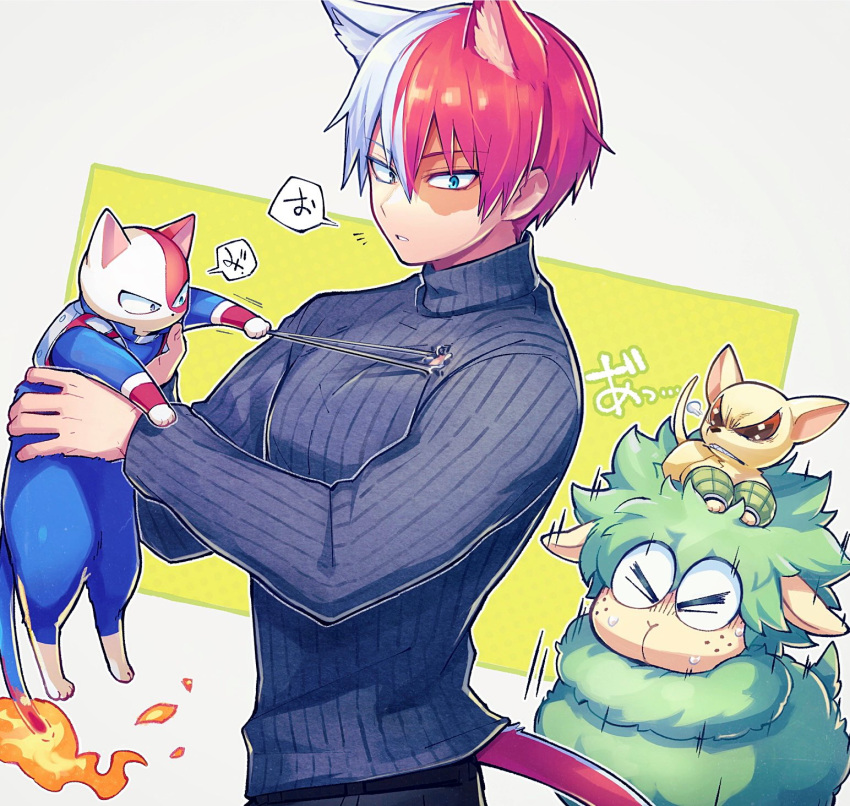 1boy animal animal_ear_fluff animal_ears animal_on_head animalization bakugou_katsuki blue_eyes blue_sweater boku_no_hero_academia burn_scar cat cat_boy cat_ears cat_tail chihuahua clenched_teeth closed_eyes commentary dog fire flame flame-tipped_tail green_background grey_eyes hair_between_eyes hands_up heterochromia highres holding holding_animal holding_cat long_sleeves looking_at_viewer male_focus mecyo_(mamezurushiki) midoriya_izuku motion_lines multicolored_hair notice_lines on_head parted_lips red_hair ribbed_sweater scar scar_on_face sheep short_hair simple_background speech_bubble split-color_hair string sweatdrop sweater symbol-only_commentary tail teeth todoroki_shouto torn_clothes torn_sweater translation_request turtleneck turtleneck_sweater two-tone_hair v-shaped_eyebrows white_background white_hair