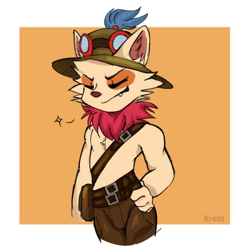 1:1 anthro artist_name belt belt_buckle bottomwear brown_bottomwear brown_clothing brown_pants clothed clothing cute_fangs digital_media_(artwork) eye_markings fur geometric_background goggles_on_headwear hand_on_hip hat headgear headwear hi_res kretii league_of_legends male male_anthro markings narrowed_eyes neck_tuft pants pouch_(clothing) riot_games simple_background solo standing tan_body tan_fur teemo_(lol) topless topless_anthro topless_male tuft yordle