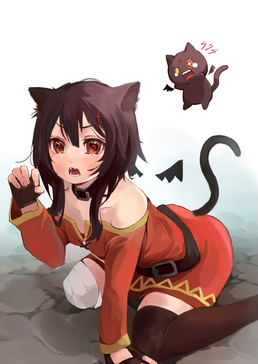 1girl angry animal_ear_fluff animal_ears bandaged_leg bandages bare_shoulders bat_wings belt belt_buckle black_belt black_cat black_choker black_gloves black_hair black_thighhighs blush breasts brown_eyes buckle cat cat_ears cat_tail choker chomusuke claw_pose commentary cross_hair_ornament detached_wings dress eyepatch fang fingerless_gloves floating gloves hair_between_eyes hair_ornament hair_strand hairclip hand_on_ground highres kono_subarashii_sekai_ni_shukufuku_wo! leaning_forward long_sleeves looking_at_viewer megumin messy_hair mini_wings off-shoulder_dress off_shoulder on_floor open_mouth paw_pose red_dress short_hair short_hair_with_long_locks single_thighhigh sitting skin_fang small_breasts solo stone_floor suguri_nojo tail tearing_up thighhighs v-shaped_eyes wariza white_background wings zettai_ryouiki