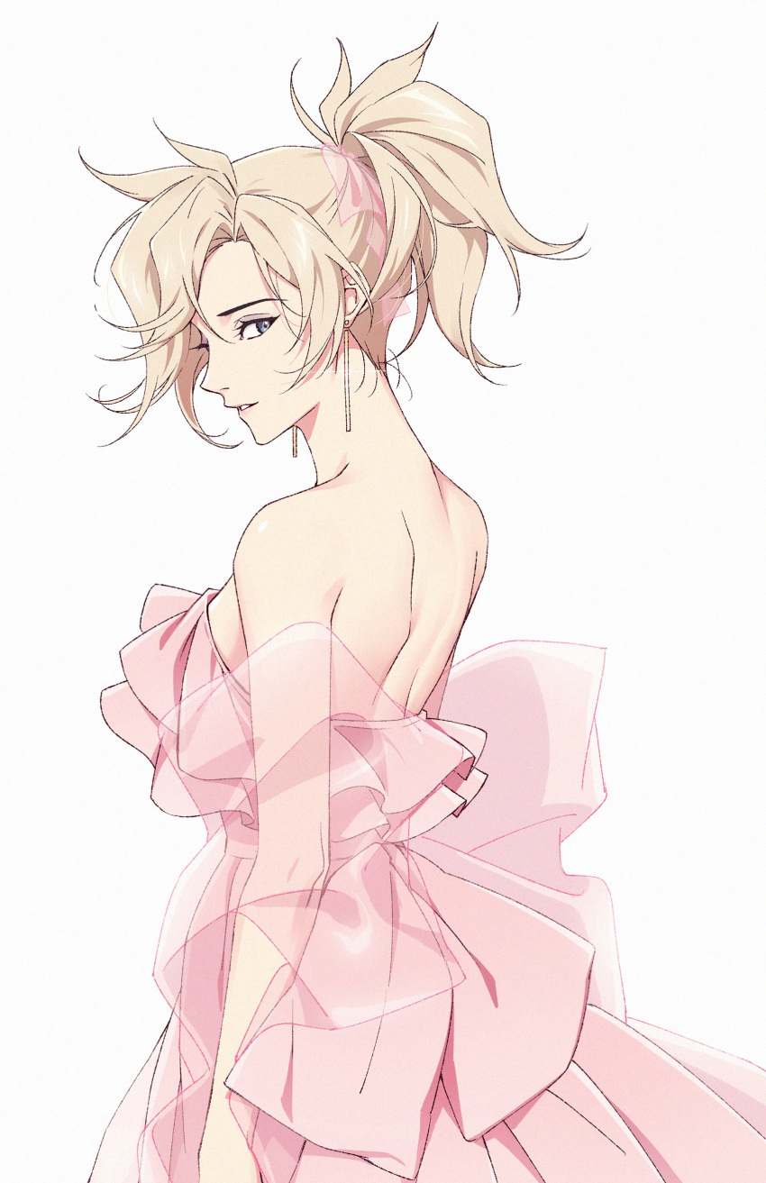 1girl absurdres bare_shoulders blonde_hair breasts dress from_side highres large_breasts looking_at_viewer looking_to_the_side maro_(lij512) mercy_(overwatch) overwatch parted_lips pink_dress ponytail simple_background solo strapless strapless_dress white_background