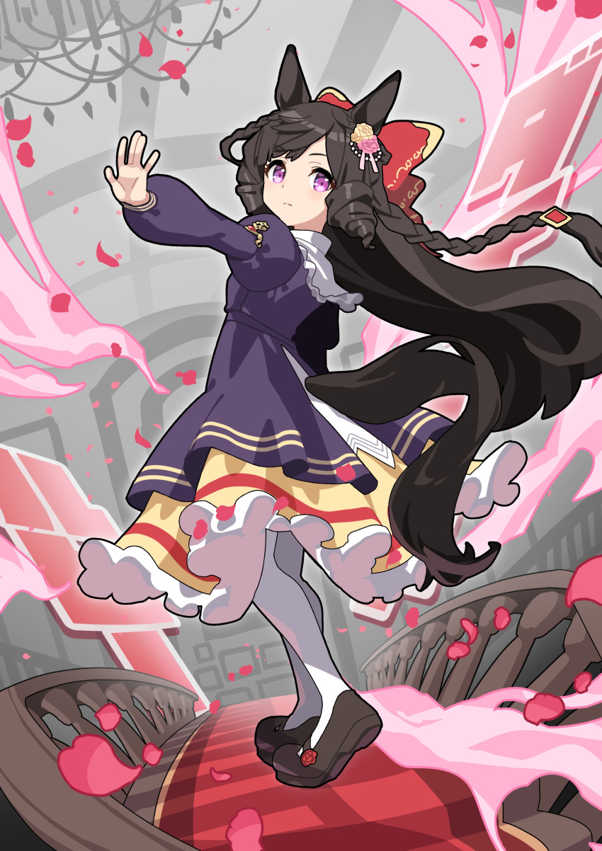 1girl absurdres animal_ears black_hair bow braid brown_footwear closed_mouth commentary daiichi_ruby_(umamusume) dress drill_hair flower full_body hair_bow hair_flower hair_ornament highres horse_ears horse_girl horse_tail juliet_sleeves kuroto_mato layered_dress long_hair long_sleeves looking_at_viewer looking_back outstretched_arm pantyhose petals puffy_sleeves purple_dress purple_eyes railing rose_petals shoes solo tail tail_through_clothes umamusume white_pantyhose