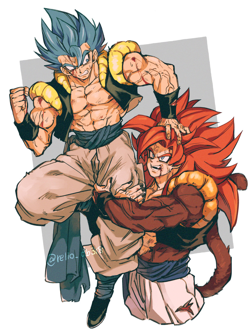 absurdres biceps black_wristband bleeding blood blood_from_mouth blood_on_face blue_eyes blue_sash body_fur bruise bruise_on_face dirty dirty_clothes dirty_face dragon_ball dragon_ball_gt dragon_ball_super dual_persona gogeta highres injury male_focus metamoran_vest monkey_boy monkey_tail muscular muscular_male no_nipples pants pectorals red_hair relio_db318 sash scratches simple_background spiked_hair super_saiyan super_saiyan_4 super_saiyan_blue tail torn torn_clothes veins veiny_hands white_pants