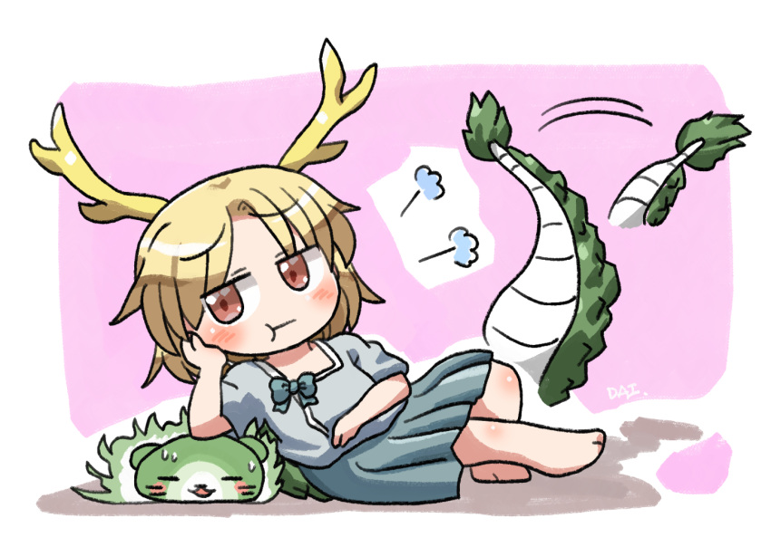 1girl afterimage barefoot blonde_hair blue_shirt blush closed_mouth dragon_horns dragon_tail full_body green_skirt horns kicchou_yachie otter_spirit_(touhou) pleated_skirt red_eyes rokugou_daisuke shirt short_hair short_sleeves signature skirt solo tail touhou turtle_shell yellow_horns