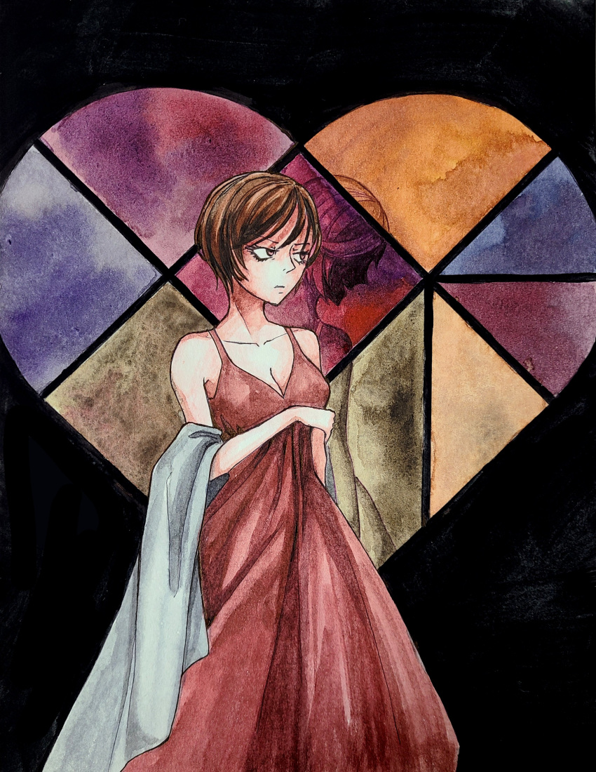 1girl absurdres bare_shoulders breasts brown_eyes brown_hair cleavage collarbone different_reflection dress dual_persona evil_smile evillious_nendaiki gouache_(medium) highres large_breasts majo_salmhofer_no_toubou_(vocaloid) meiko_(vocaloid) meta28050 meta_salmhofer painting_(medium) red_dress reflection serious short_hair sleeveless sleeveless_dress smile solo stained_glass traditional_media vocaloid watercolor_(medium)