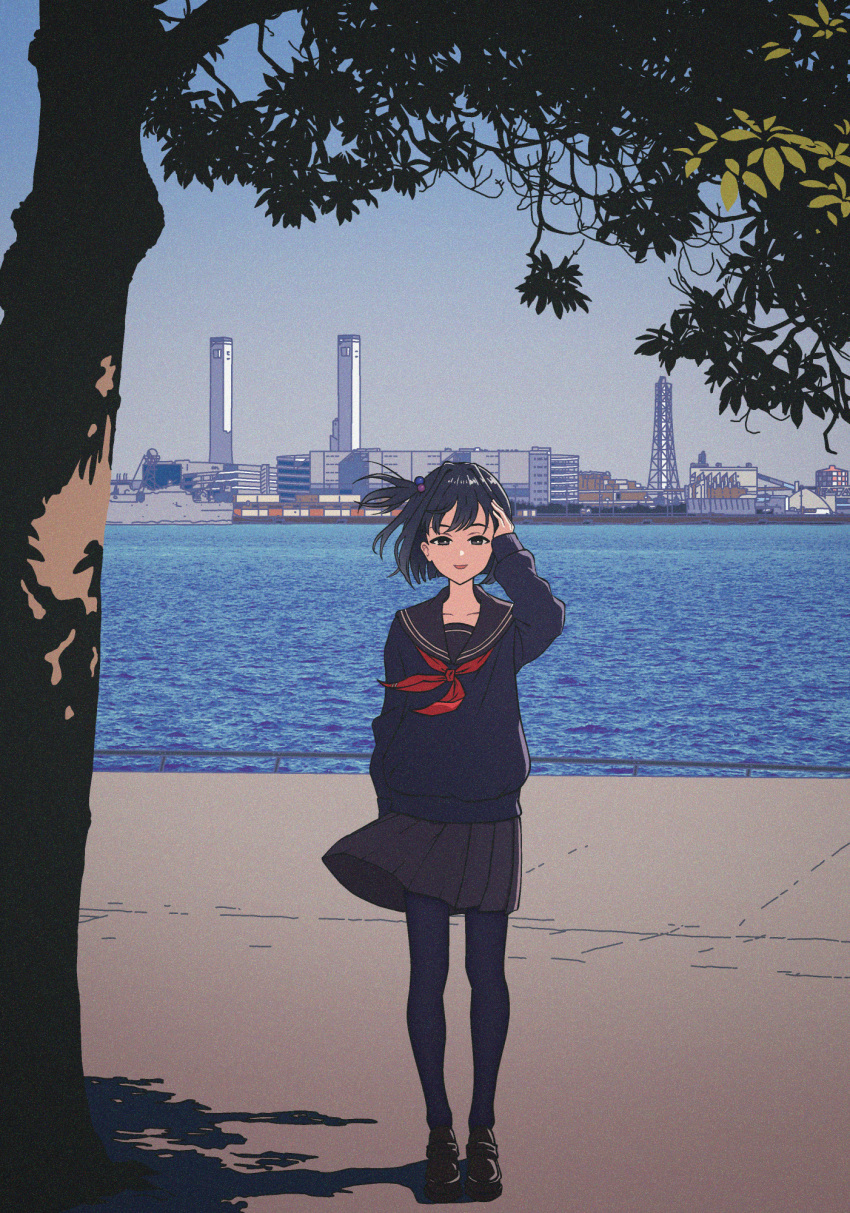 1girl amemori_sayo black_eyes black_hair black_pantyhose black_serafuku blue_sky collarbone day factory film_grain floating_hair full_body hair_bobbles hair_ornament half-closed_eyes hand_in_own_hair highres loafers long_sleeves looking_at_viewer neckerchief nijisanji nkymyura one_side_up open_mouth outdoors pantyhose pleated_skirt red_neckerchief river romaji_commentary school_uniform serafuku shade shadow ship shoes short_hair sidelighting skirt sky smile standing tower tree truss virtual_youtuber water watercraft wind wind_lift