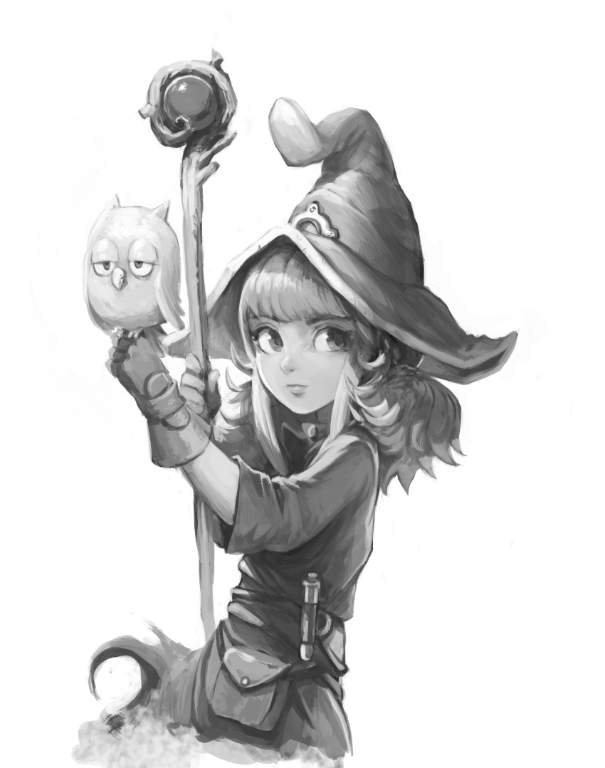 1girl absurdres bag bird bird_on_hand cork david_revoy fingerless_gloves gloves greyscale hat highres mage_staff medium_hair messenger_bag monochrome original owl shoulder_bag staff tagme test_tube witch witch_hat