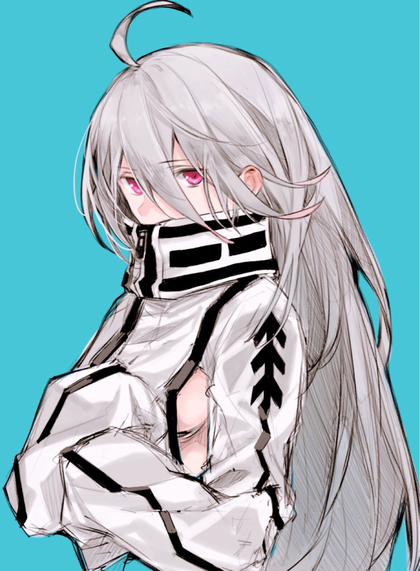 1girl ahoge breasts covered_mouth grey_hair hands_on_own_chest high_collar highres hikachil jacket laevateinn_(phantom_of_the_kill) long_hair long_sleeves phantom_of_the_kill red_eyes sideboob sketch sleeves_past_wrists solo upper_body white_jacket zipper