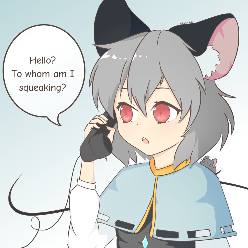 1girl absurdres animal_ear_fluff animal_ears artist_name capelet commentary corded_phone english_commentary english_text gradient_background grey_hair hand_up highres holding holding_phone jewelry light_blue_background mouse mouse_ears mouse_girl multicolored_background nazrin open_mouth pendant phone pun red_eyes rownou short_hair simple_background solo speech_bubble talking_on_phone touhou upper_body white_background