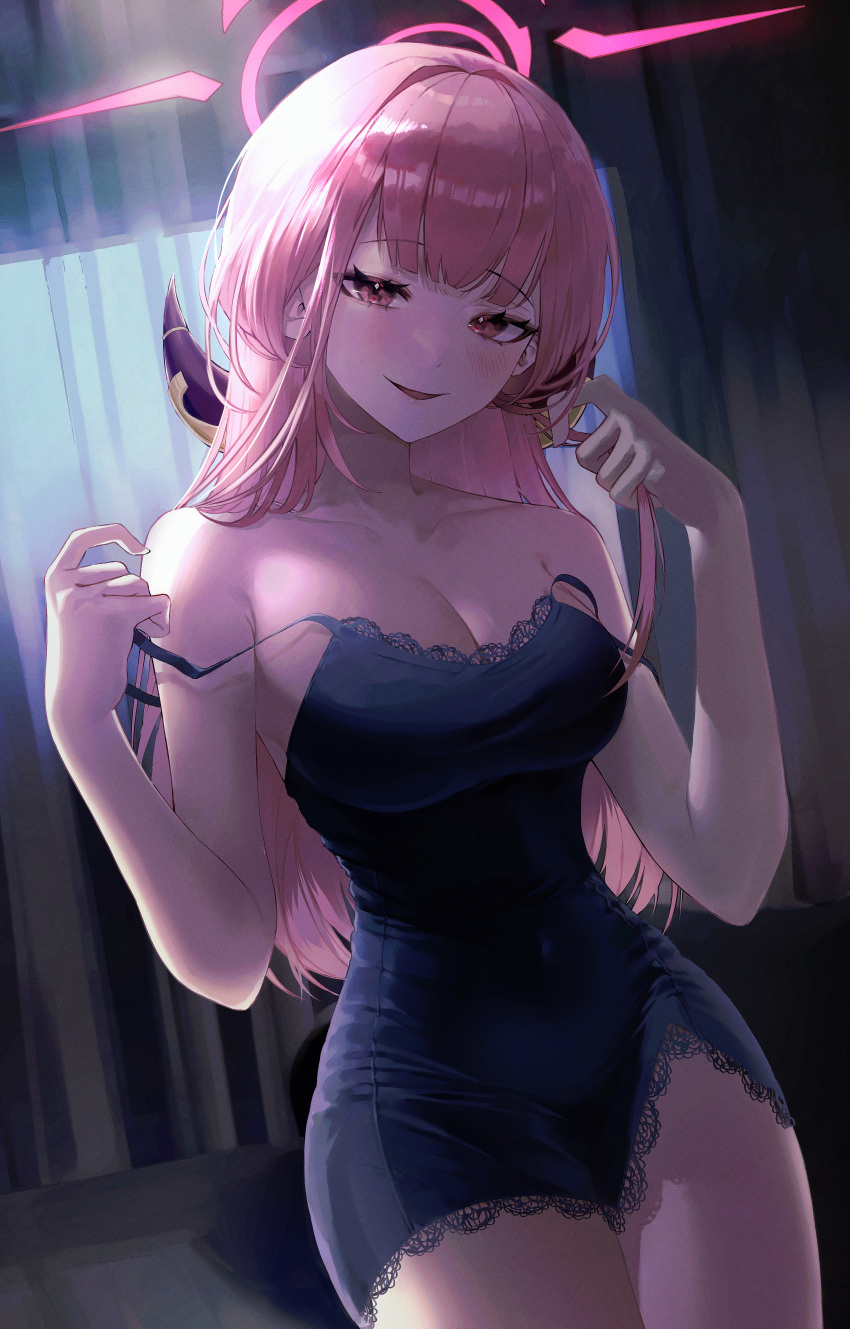1girl absurdres alternate_eye_color aru_(blue_archive) bagya bare_shoulders black_nightgown blue_archive blush breasts cleavage collarbone covered_navel demon_horns halo highres horns indoors lace_trim large_breasts long_hair looking_at_viewer narrow_waist nightgown parted_lips pink_hair pink_halo red_eyes smile solo strap_pull strap_slip tight_clothes