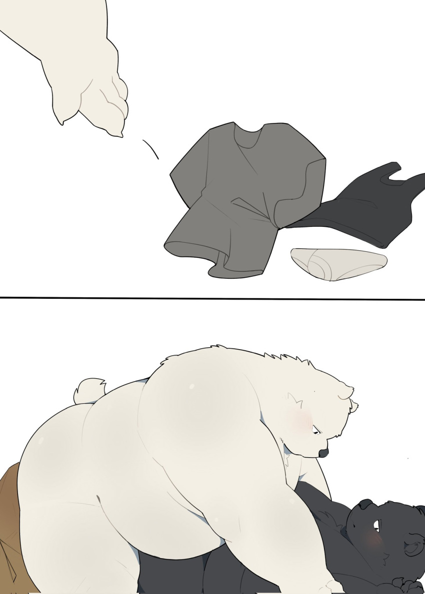 2023 anthro bear belly big_belly black_body blush clothing duo haoming hi_res kemono lying male mammal overweight overweight_male polar_bear shirt topwear underwear ursine white_body