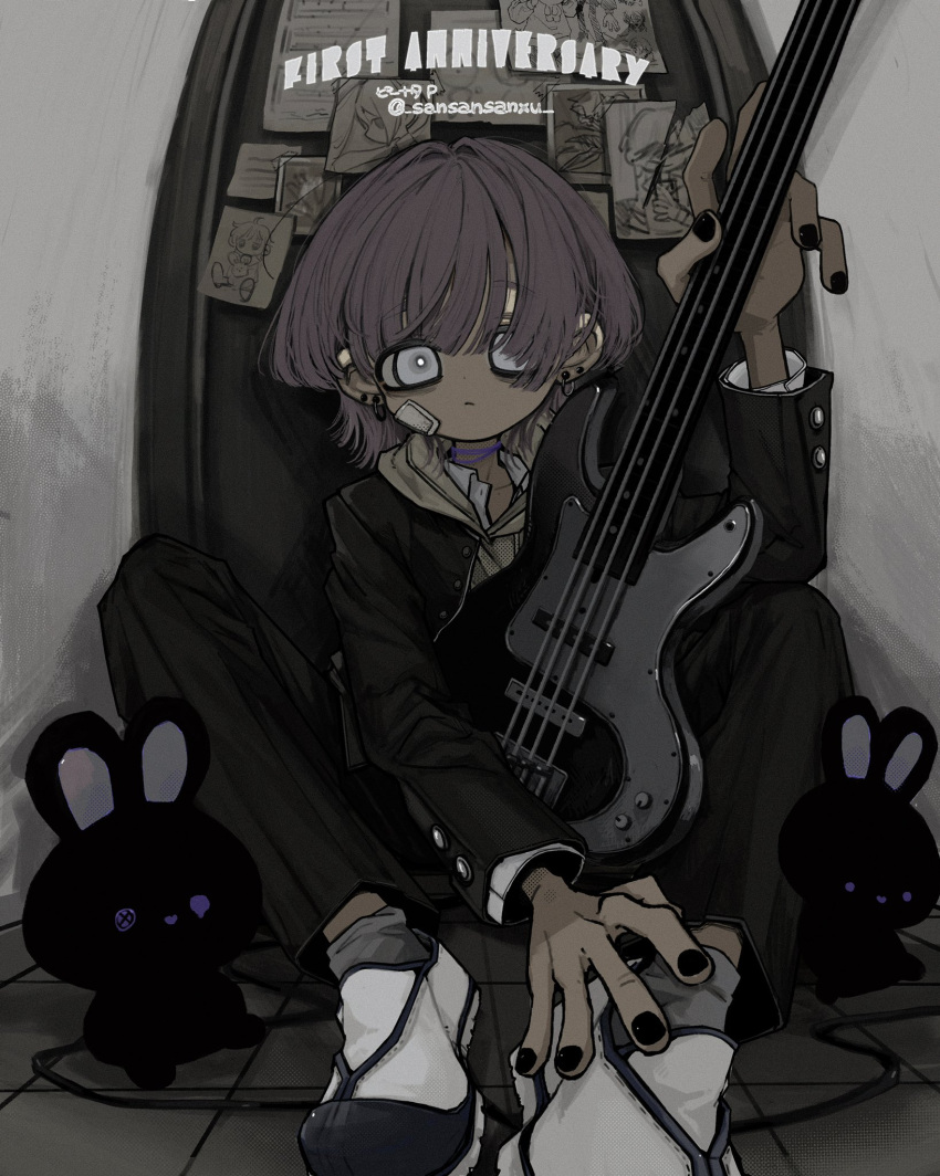 1girl bandaid bandaid_on_cheek bandaid_on_face bass_guitar black_jacket black_nails black_pants brown_hair buttoned_cuffs closed_mouth drawing earrings english_text expressionless foot_out_of_frame grey_eyes grey_hoodie grey_socks hair_over_one_eye hand_on_own_foot hand_up highres holding holding_instrument hood hood_down hoodie indoors instrument jacket jewelry long_bangs long_sleeves looking_at_viewer medium_hair nail_polish on_floor original oshio_(shioqqq) pants shoes sitting socks solo stuffed_animal stuffed_rabbit stuffed_toy twitter_username white_footwear