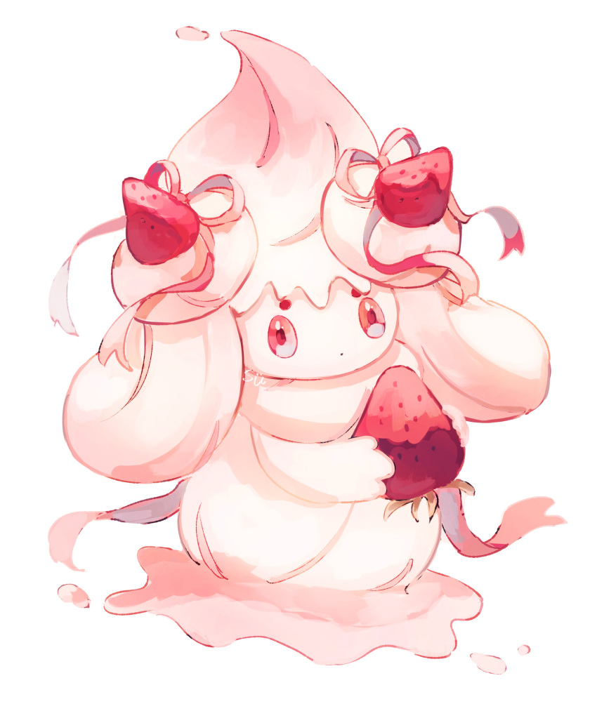 absurdres alcremie alcremie_(strawberry_sweet) food fruit full_body highres holding holding_food looking_at_viewer no_humans pokemon simple_background solo strawberry su_(sajo_su5) white_background