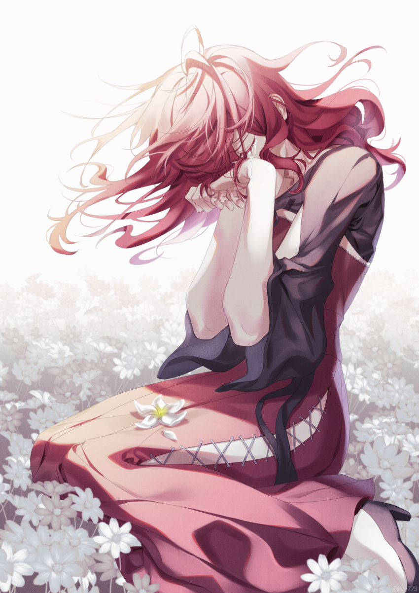 1girl black_footwear black_sleeves crying devola dress floating_hair flower highres long_hair long_sleeves nier nier_(series) red_dress red_hair rio_(rio773) sitting solo tears white_background white_flower