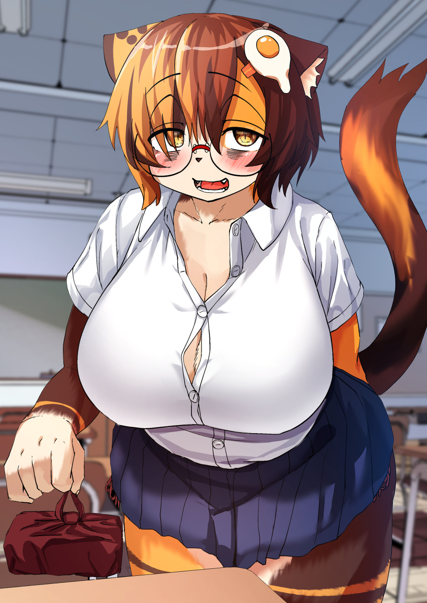 2022 absurd_res accessory anthro asian_clothing big_breasts blush bottomwear breasts brown_body brown_fur brown_hair calico_cat classroom cleavage clothed clothing digital_media_(artwork) domestic_cat east_asian_clothing eyewear felid feline felis female female_anthro fur glasses hair hair_accessory hi_res huge_breasts japanese_clothing japanese_school_uniform kagarimachi_ame kemono leaning leaning_forward looking_at_viewer mammal multicolored_body multicolored_fur multicolored_hair multicolored_tail nekotsuki_kohime open_mouth orange_body orange_fur orange_hair school school_uniform short_hair skirt solo tail tongue uniform white_body white_fur