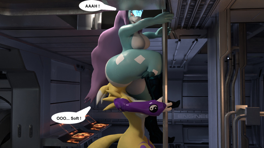 anthro bandai_namco big_breasts big_butt breasts butt digimon digimon_(species) facesit facesitting female female/female generation_2_pokemon hi_res legendary_pokemon nintendo pokemon pokemon_(species) renamon sitting_on_another space_station suicune suicune_queen_(artist) thick_thighs wide_hips