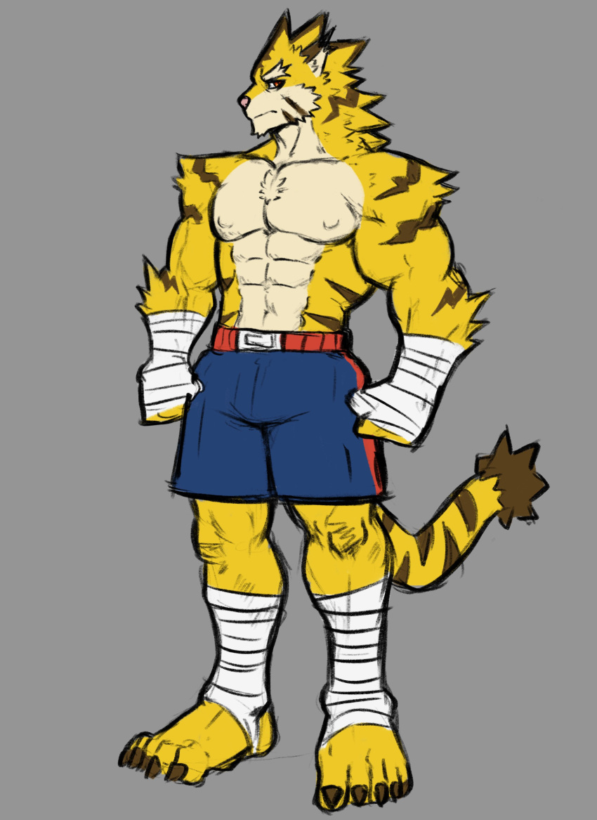 absurd_res anthro bandage bottomwear claws clothing dynogreeno feet felid feline fur hi_res male mammal muscular muscular_anthro muscular_male pantherine shorts solo stripes tail tiger yellow_body yellow_fur