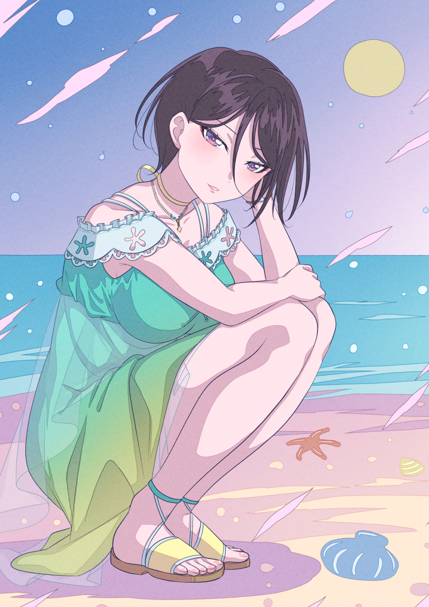 1girl asymmetrical_hair bang_dream! beach black_hair blush breasts clam collarbone dress hair_between_eyes hand_up highres jewelry kitayu large_breasts legs looking_at_viewer multicolored_clothes multicolored_dress necklace ocean purple_eyes sand sandals short_hair smile solo squatting starfish sun teeth toenails toes yashio_rui