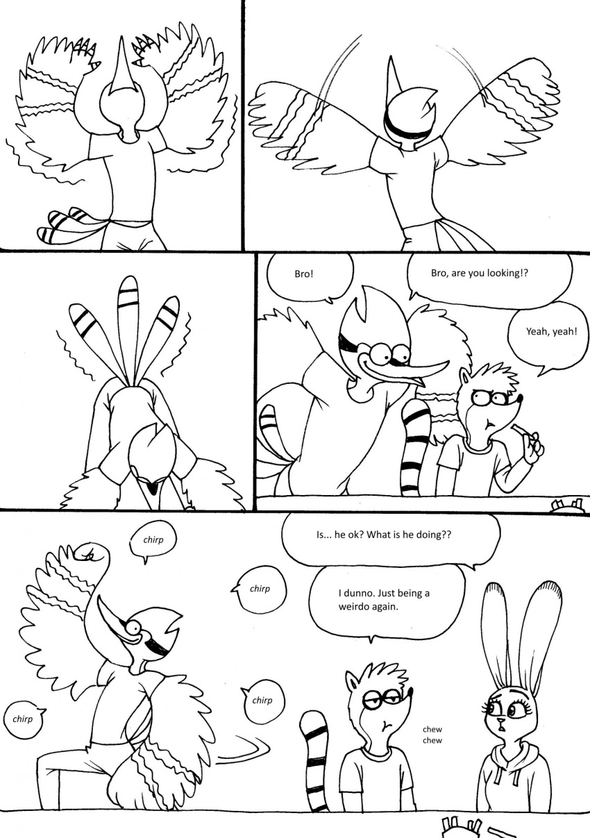 2023 anthro avian bernielover bernielover's_college_au bird blue_jay cartoon_network clothed clothing comic corvid dancing dialogue disney english_text feathers female food fries fur group hi_res hoodie jay_(bird) judy_hopps lagomorph leporid male male/male mammal markings mordecai_(regular_show) new_world_jay oscine passerine procyonid rabbit raccoon regular_show rigby_(regular_show) ring_(marking) ringtail shirt speech_bubble t-shirt tail tail_markings text topwear trio zootopia