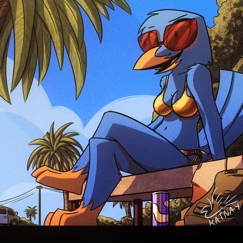 2023 anthro avian backpack barefoot beach beak bench beverage big_breasts bird blue_body blue_feathers breasts can cleavage clothed clothing cloud container eyewear feathers feet female finch gold_bikini head_tuft hi_res katnay medium_truck navel oscine outside palm_tree passerine pinup plant pose powerlines seaside shrub sitting skimpy sky smile soda solo sunglasses tail_feathers tree truck_(vehicle) tuft van vehicle worn_down_children zara_(katnay)