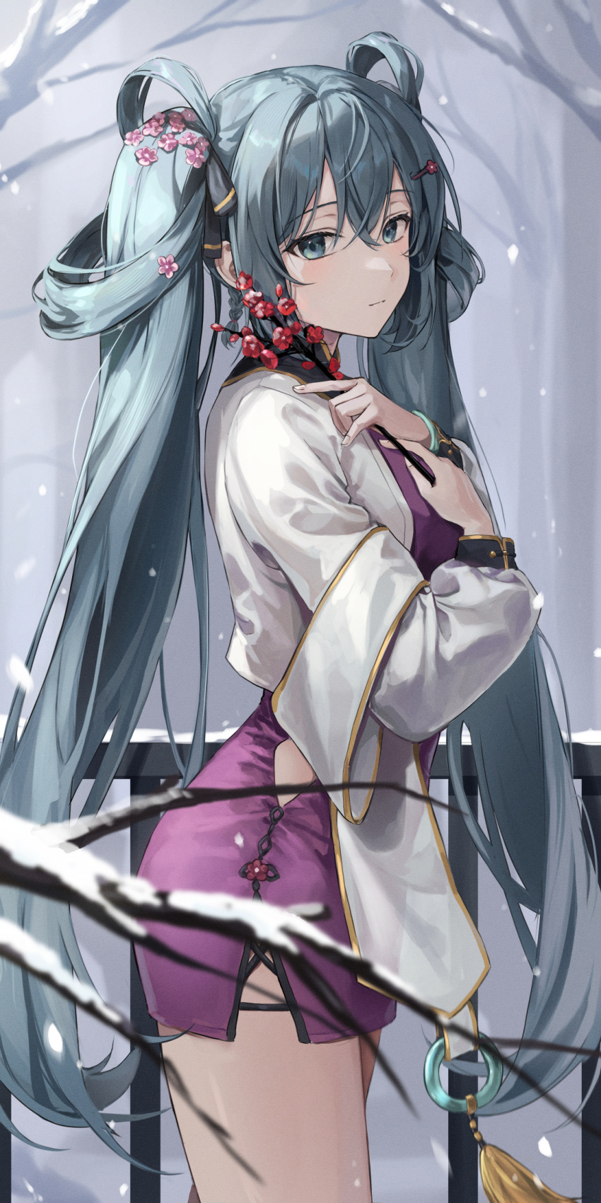 1girl blue_eyes blue_hair china_dress chinese_clothes cowboy_shot dress ekina_(1217) flower hair_flower hair_ornament hands_on_own_chest hatsune_miku highres holding holding_flower long_hair long_sleeves looking_at_viewer open_clothes open_shirt purple_dress shirt short_dress side_cutout solo standing twintails very_long_hair vocaloid white_shirt