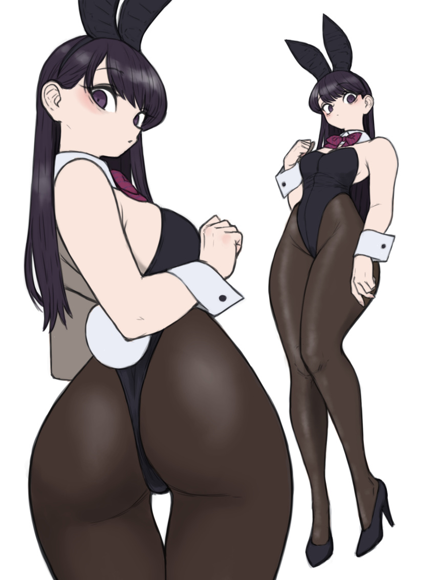 1girl absurdres animal_ears ass bare_shoulders black_eyes black_footwear black_hair black_leotard black_pantyhose bow bowtie breasts detached_collar expressionless fake_animal_ears fake_tail from_behind full_body high_heels highleg highleg_leotard highres komi-san_wa_komyushou_desu komi_shouko leotard long_hair long_legs looking_at_viewer looking_back medium_breasts multiple_views pantyhose playboy_bunny pumps purple_bow rabbit_ears rabbit_tail simple_background solo standing strapless strapless_leotard tail thighs toshinoshin traditional_bowtie white_background white_wrist_cuffs