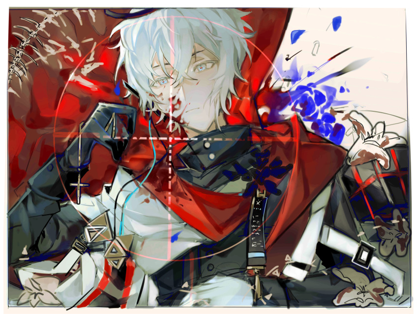 1boy absurdres arknights atangjun524 black_gloves black_jacket blood blood_on_face blue_eyes brown_background commentary_request executor_(arknights) executor_the_ex_foedere_(arknights) flower gloves hair_between_eyes halo hand_up highres jacket long_sleeves looking_at_viewer male_focus parted_lips simple_background solo spine upper_body white_flower white_hair