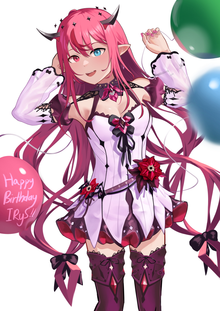 1girl absurdres aircraft armpits balloon blue_eyes bow breasts cleavage detached_collar detached_sleeves dress fangs flower hair_bow halo happy_birthday heterochromia highres hololive hololive_english horns hot_air_balloon irys_(hololive) irys_(irys_2.0)_(hololive) jewelry long_hair long_sleeves looking_at_viewer medium_breasts multicolored_hair nail_polish pink_nails purple_hair red_eyes red_flower red_hair shift_(shiftillust) short_dress smile solo teeth thighhighs upper_teeth_only virtual_youtuber