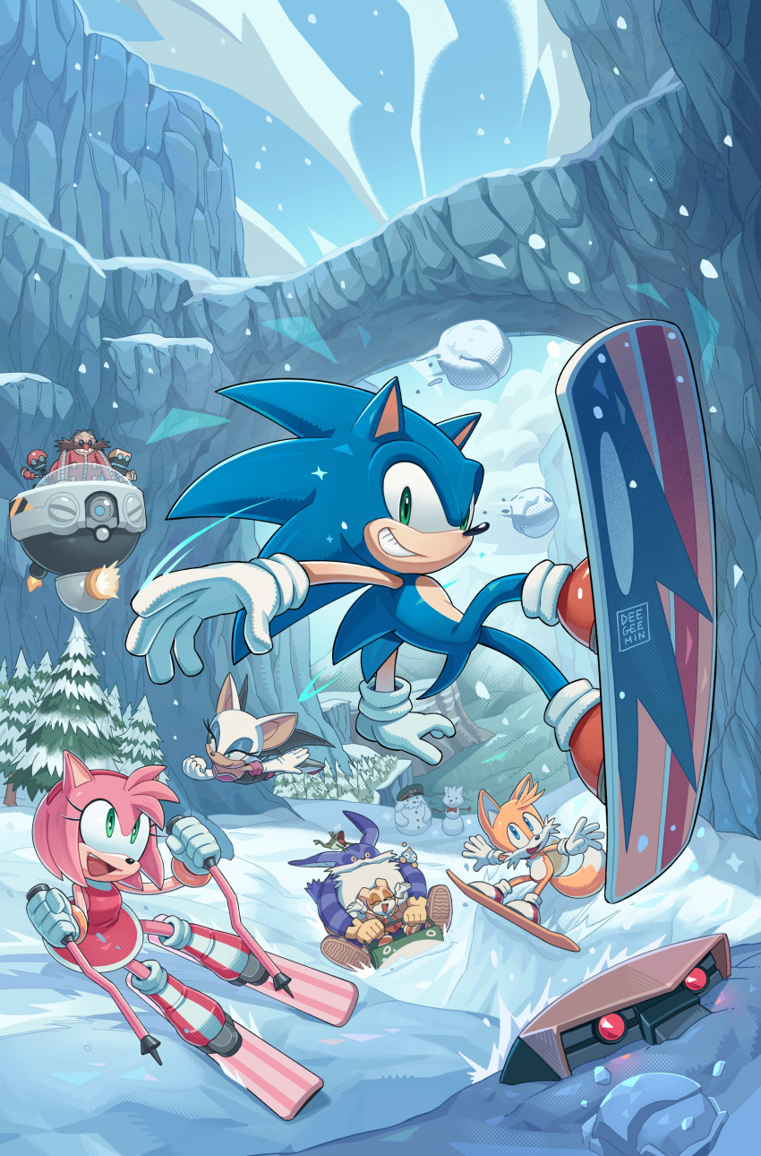 3girls absurdres amy_rose animal_ears bald bat_ears bat_wings big_the_cat blue_eyes blue_sky boots brown_gloves chao_(sonic) cheese_(sonic) closed_eyes cloud cream_the_rabbit cubot day digimin dr._eggman dress e-123_omega facial_hair flying froggy_(sonic) furry furry_female furry_male gloves green_eyes grin highres multiple_girls mustache open_mouth orange_dress orbot outdoors pine_tree pink_footwear red_dress red_footwear robot rouge_the_bat shoes skiing sky sleeveless sleeveless_dress smile snow snowball snowboard snowboarding sonic_(series) sonic_the_hedgehog tails_(sonic) teeth tree two-tone_footwear white_footwear white_gloves wings