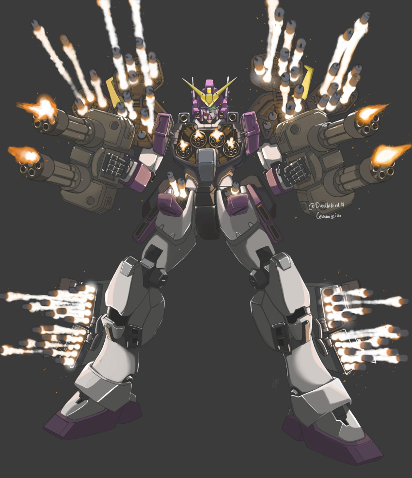 alternate_color chain_gun commentary commission doodlebird14 dual_wielding english_commentary firing glowing glowing_eye green_eyes grey_background gun gundam gundam_heavyarms_custom gundam_wing gundam_wing_endless_waltz half_mask highres holding holding_gun holding_weapon itano_circus legs_apart mask mecha missile missile_pod mobile_suit no_humans robot science_fiction simple_background solo standing twitter_username v-fin weapon