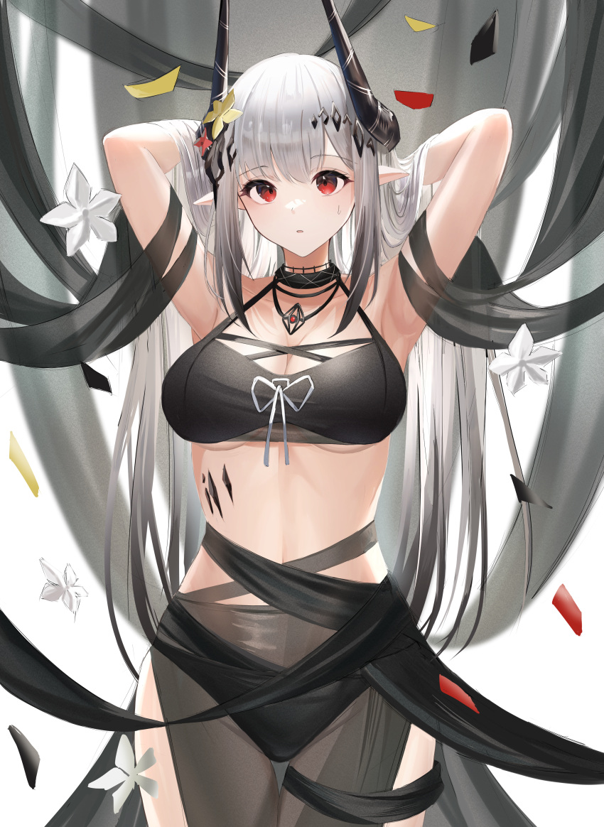 1girl absurdres arknights bikini black_bikini black_hair black_ribbon black_sarong breasts cleavage commentary confetti cowboy_shot demon_horns grey_hair hair_ornament hands_in_hair highres horn_flower horns infection_monitor_(arknights) jewelry large_breasts long_hair looking_at_viewer mudrock_(arknights) mudrock_(silent_night)_(arknights) navel necklace official_alternate_costume ohagi_umeume oripathy_lesion_(arknights) parted_lips pointy_ears red_eyes ribbon sarong see-through see-through_sarong simple_background solo standing stomach straight_hair swimsuit thigh_gap white_background