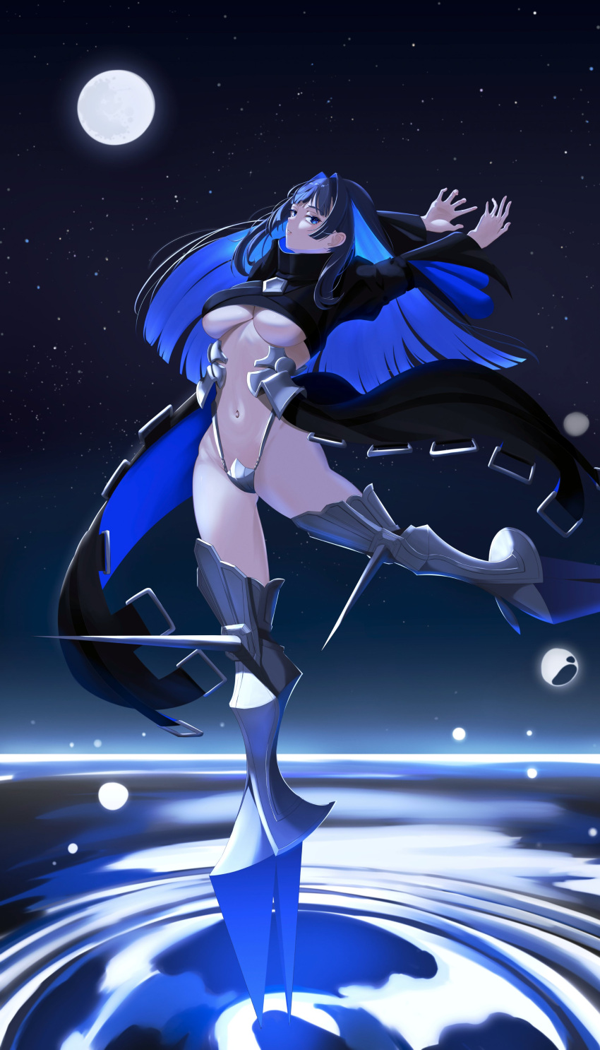 1girl absurdres armor armored_boots black_hair blue_eyes blue_hair boots breasts clothing_cutout colored_inner_hair cosplay crotch_plate eipanguino fate/extra fate/extra_ccc fate_(series) hair_intakes highres hololive hololive_english juliet_sleeves knee_spikes large_breasts leg_blade long_hair long_sleeves looking_at_viewer meltryllis_(fate) meltryllis_(fate)_(cosplay) multicolored_hair navel ouro_kronii prosthesis prosthetic_leg puffy_sleeves revealing_clothes silver_trim solo underboob_cutout virtual_youtuber