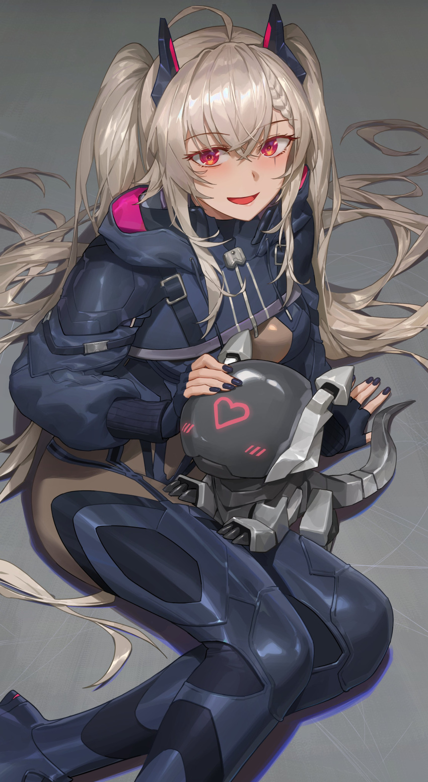 1girl absurdres black_nails blonde_hair blush bodysuit commentary crossed_bangs english_commentary free_style_(yohan1754) highres indie_virtual_youtuber long_hair looking_at_viewer nail_polish parted_lips red_eyes robot saruei_(vtuber) scar scar_across_eye smile twintails virtual_youtuber