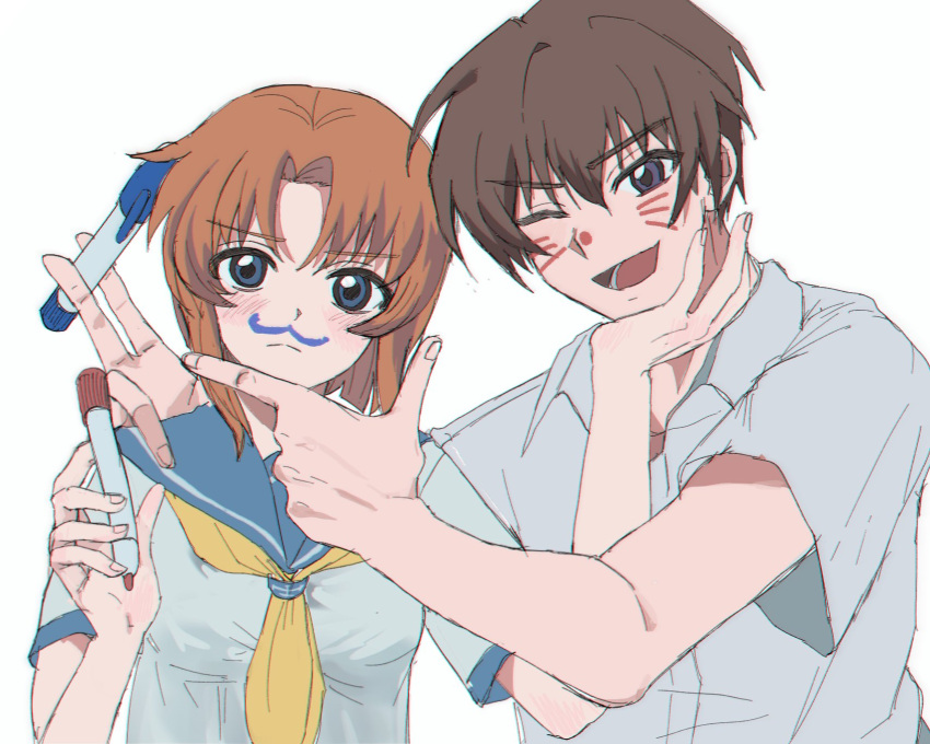 1boy 1girl blue_eyes blush brown_hair commentary_request grey_eyes highres higurashi_no_naku_koro_ni holding holding_marker korean_commentary lower_teeth_only maebara_keiichi marker one_eye_closed open_mouth orange_hair rxnal0 ryuuguu_rena school_uniform shirt short_hair teeth white_background white_shirt